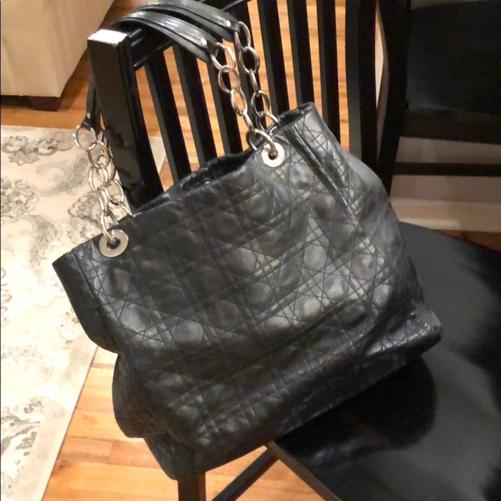 Christian Dior black leather quilted tote